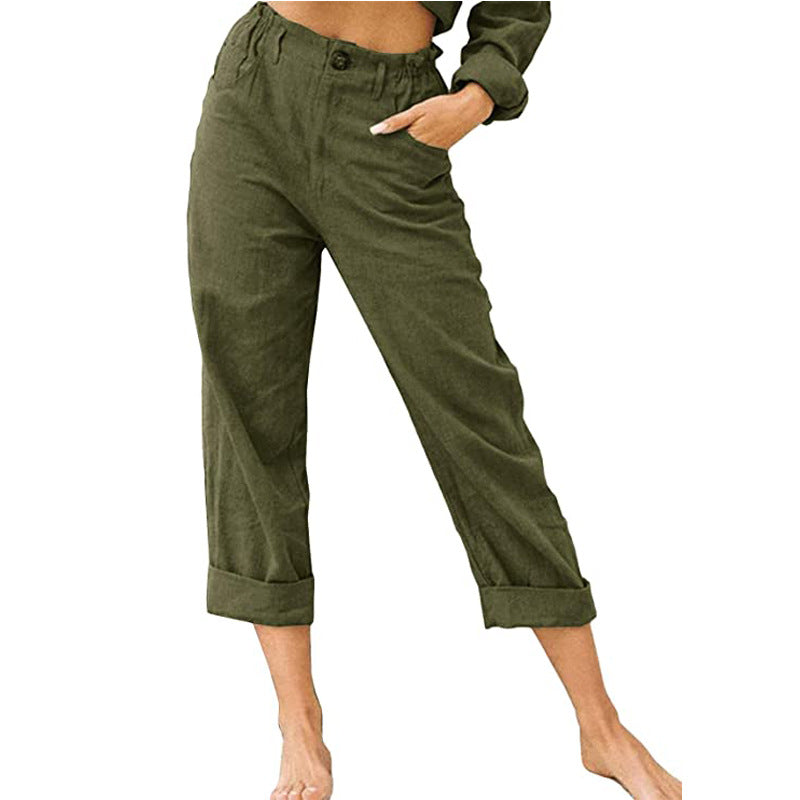 Women's Cotton Linen Patchwork Trousers | High Waist Drawstring | Loose Casual Pants | 11 Colours | S–3XL