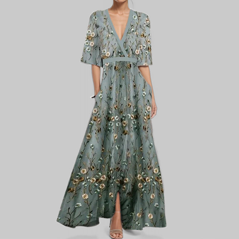 Fashion Print Half-sleeve V-neck Dress Temperament Slim Tight Waist Dresses For Women