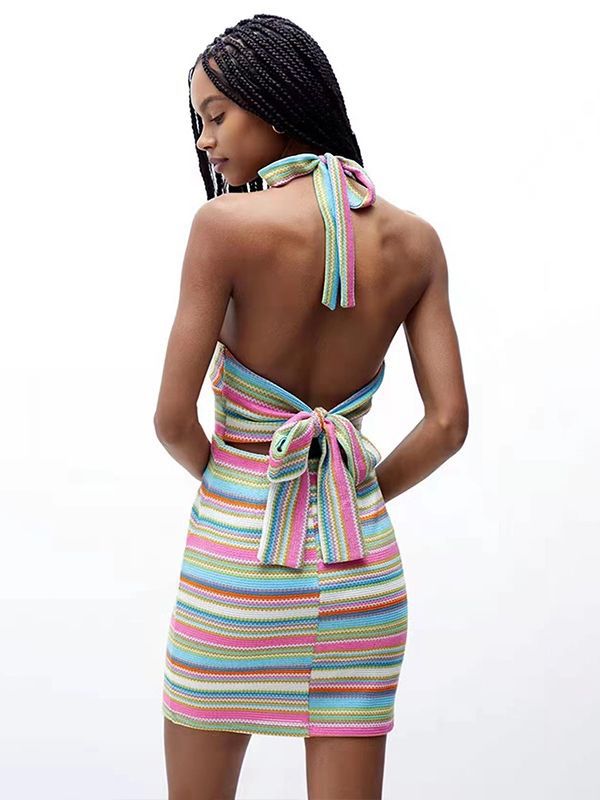 Colorful Striped Lace-Up Backless V-Neck Dress