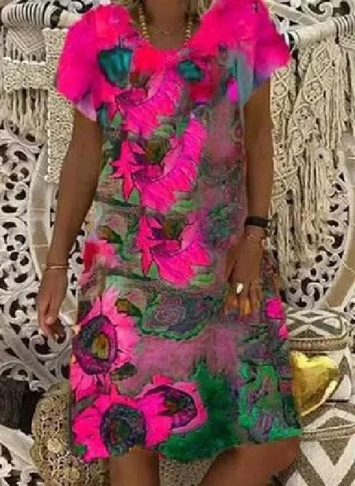 Summer New Floral Print Short-Sleeved V-Neck Dress Women