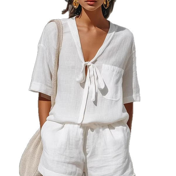 Summer New Solid Color Casual Cardigan Lace-up Short-sleeve Shirt Loose Shorts Set For Women