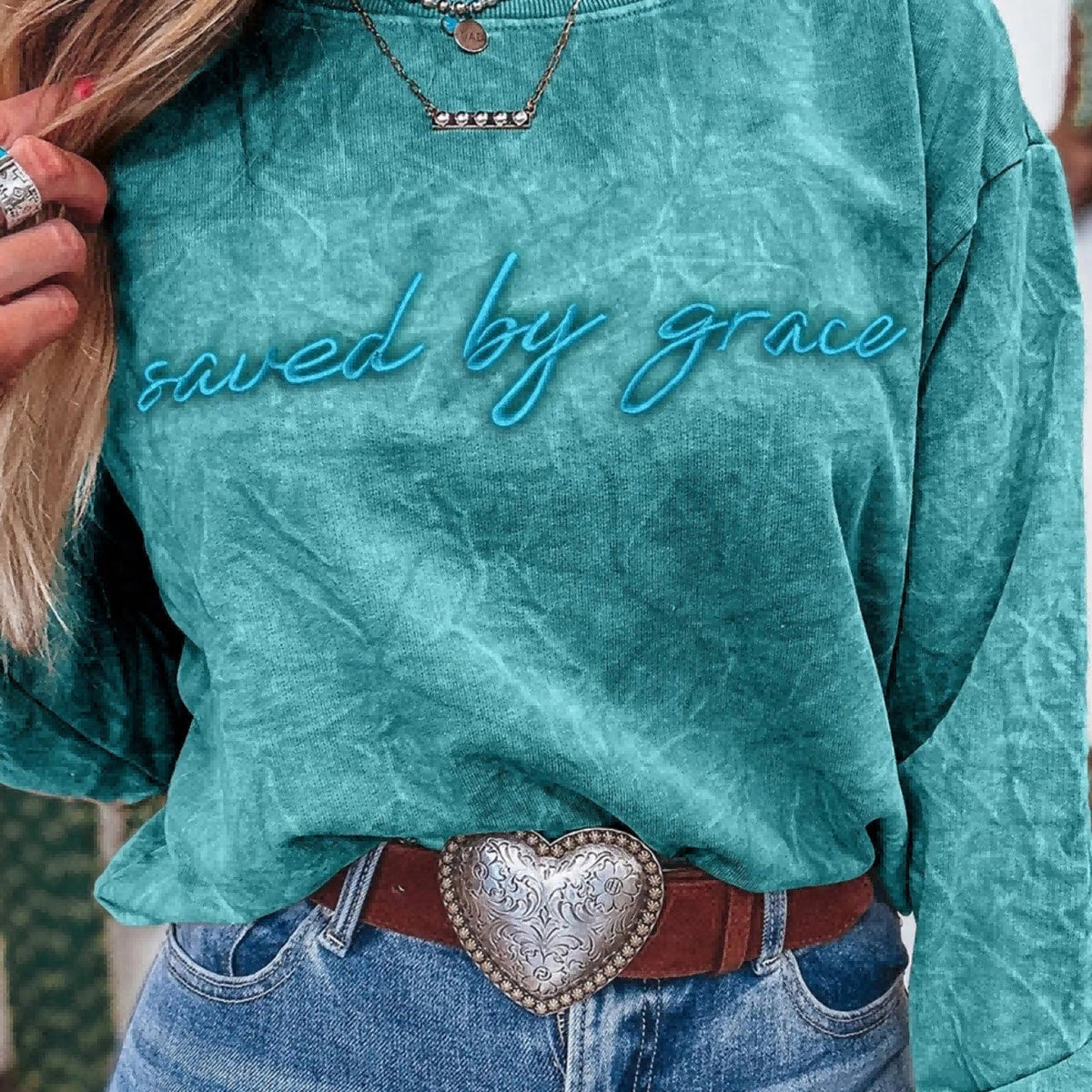 Saved By Grace Letter Embroidery Mineral Wash Loose Sweatshirt