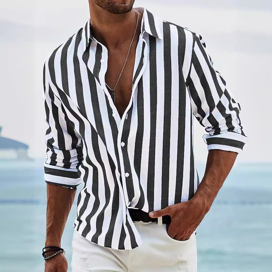 Striped Print Shirt Casual Loose Long-sleeved Shirt Men's Clothing