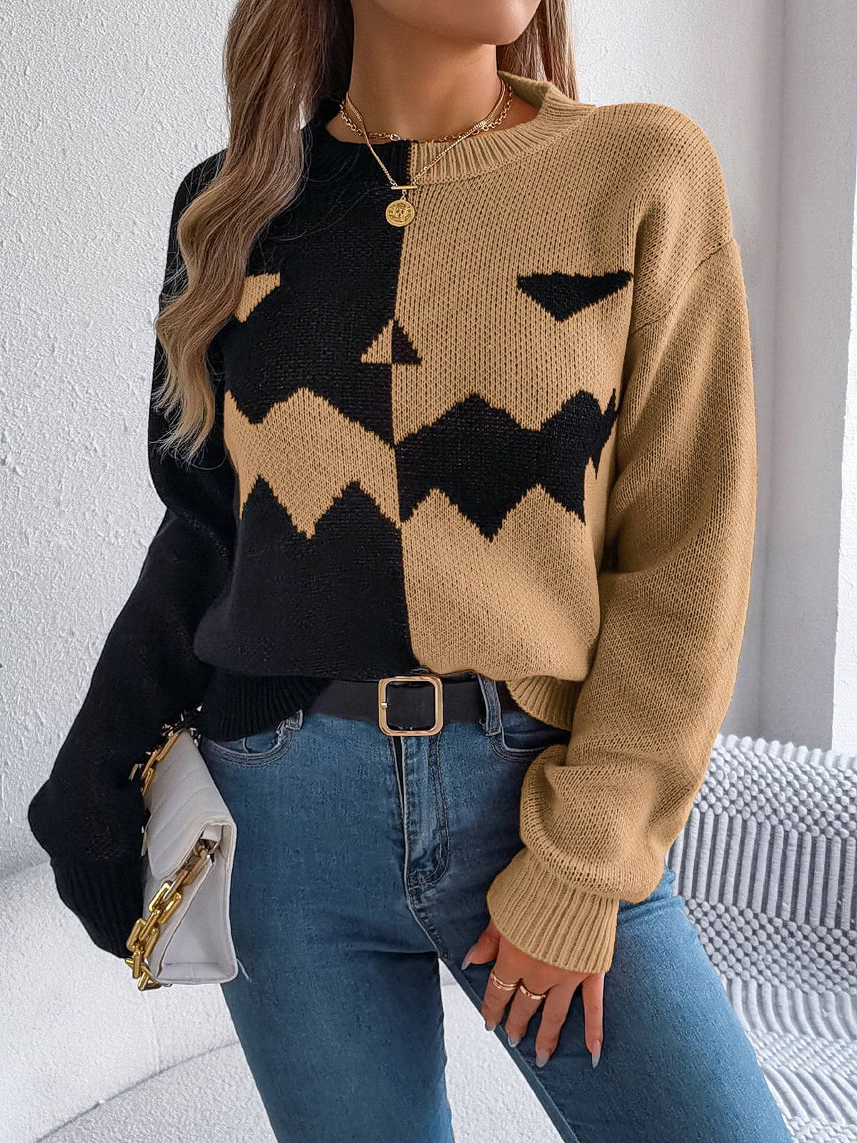 Women Ghost Pumpkin Color Block Long Sleeve Pullover Sweater