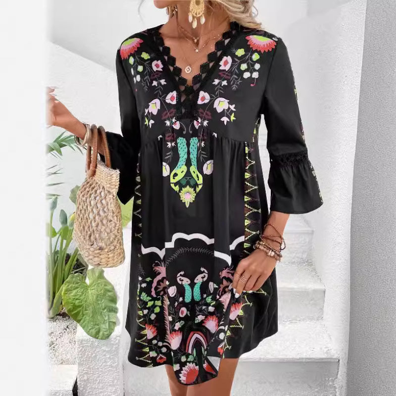 V-neck Lace Patchwork Casual Versatile Printed Dress