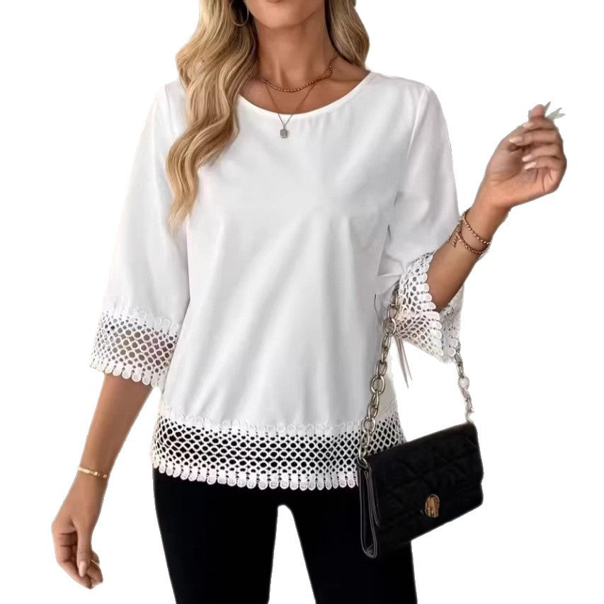 Women's Solid-Color Lace Trim Crewneck T-Shirt