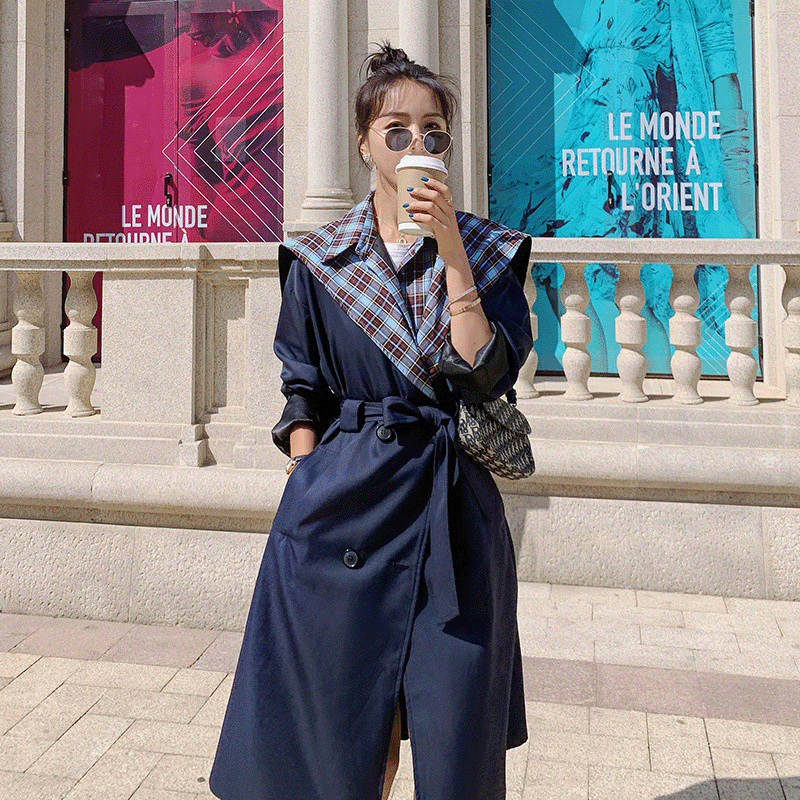 Plaid Stitching Trench Coat British Style Fake Two-piece