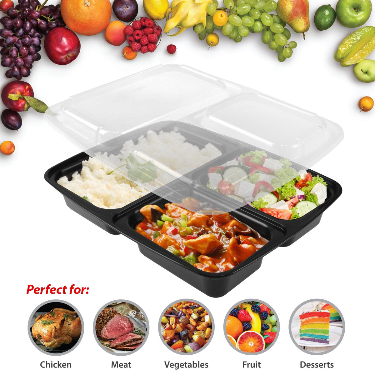 1x Meal Prep Container 3 Partitions 10PK