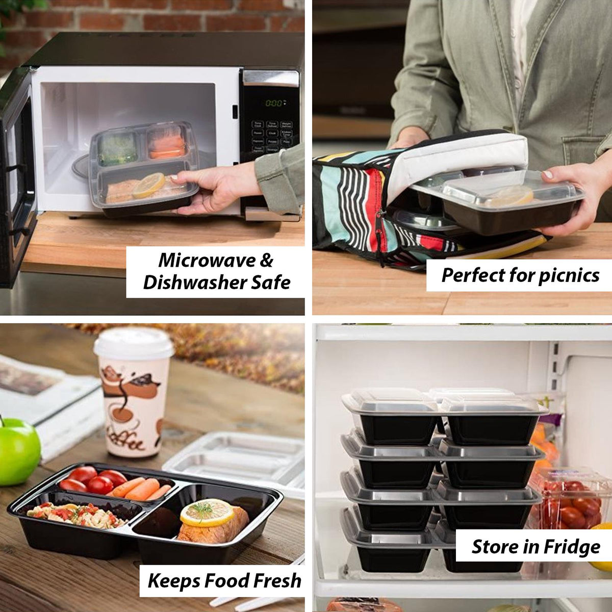 1x Meal Prep Container 3 Partitions 10PK