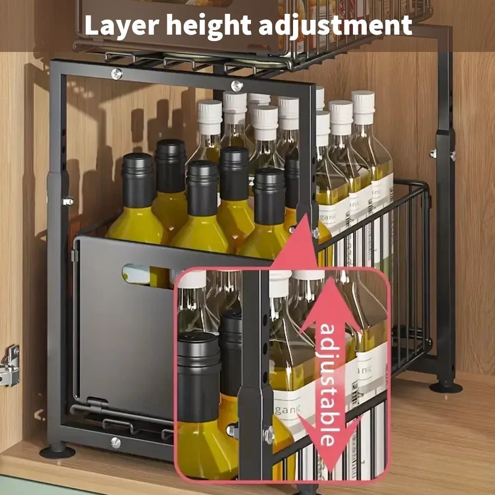 Adjustable Under Sink Storage Rack - 2 Tier Pull Out Cabinet Organiser Sliding Baskets