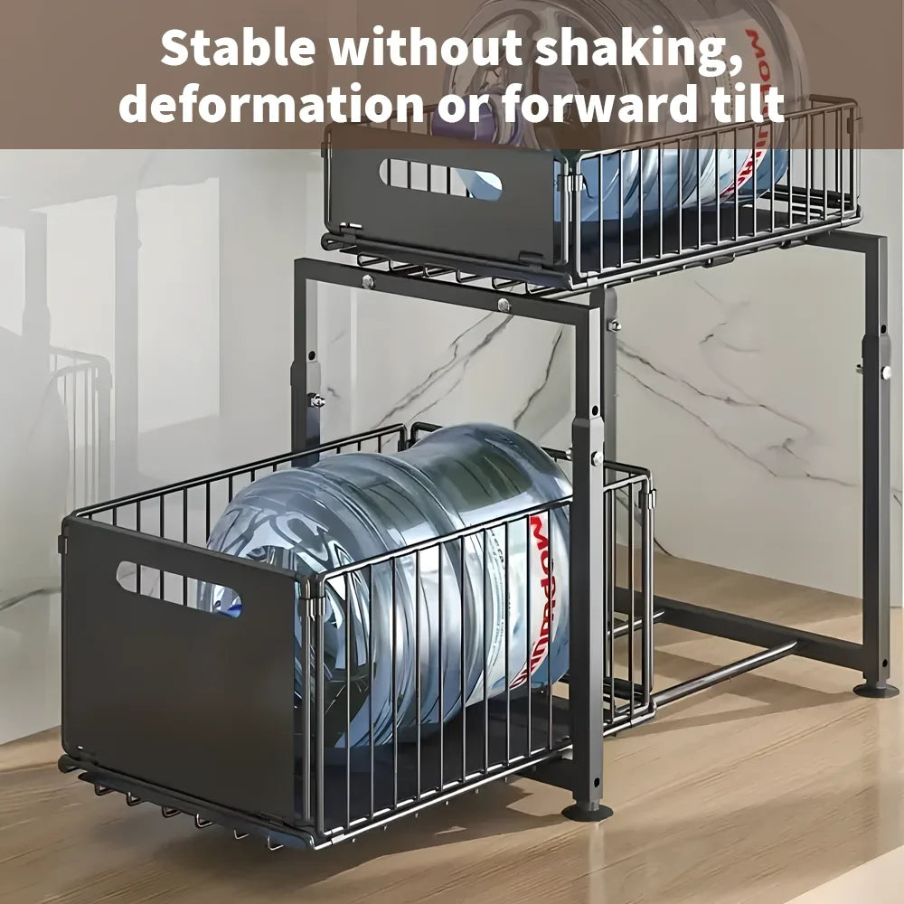 Adjustable Under Sink Storage Rack - 2 Tier Pull Out Cabinet Organiser Sliding Baskets