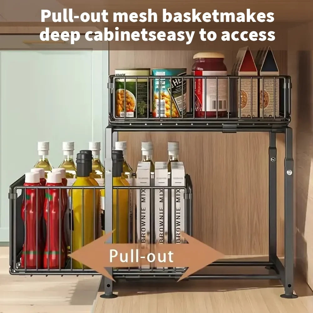Adjustable Under Sink Storage Rack - 2 Tier Pull Out Cabinet Organiser Sliding Baskets
