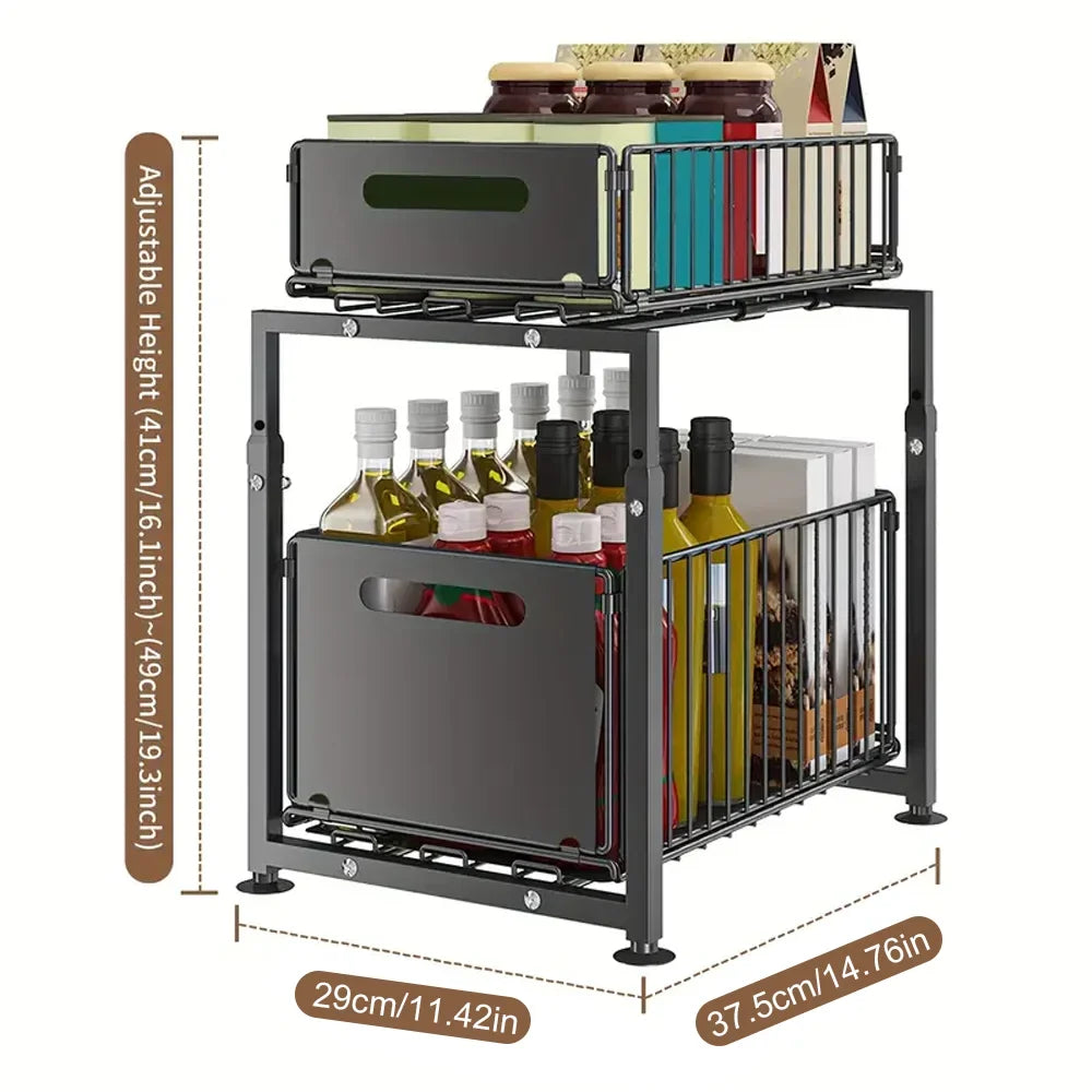 Adjustable Under Sink Storage Rack - 2 Tier Pull Out Cabinet Organiser Sliding Baskets