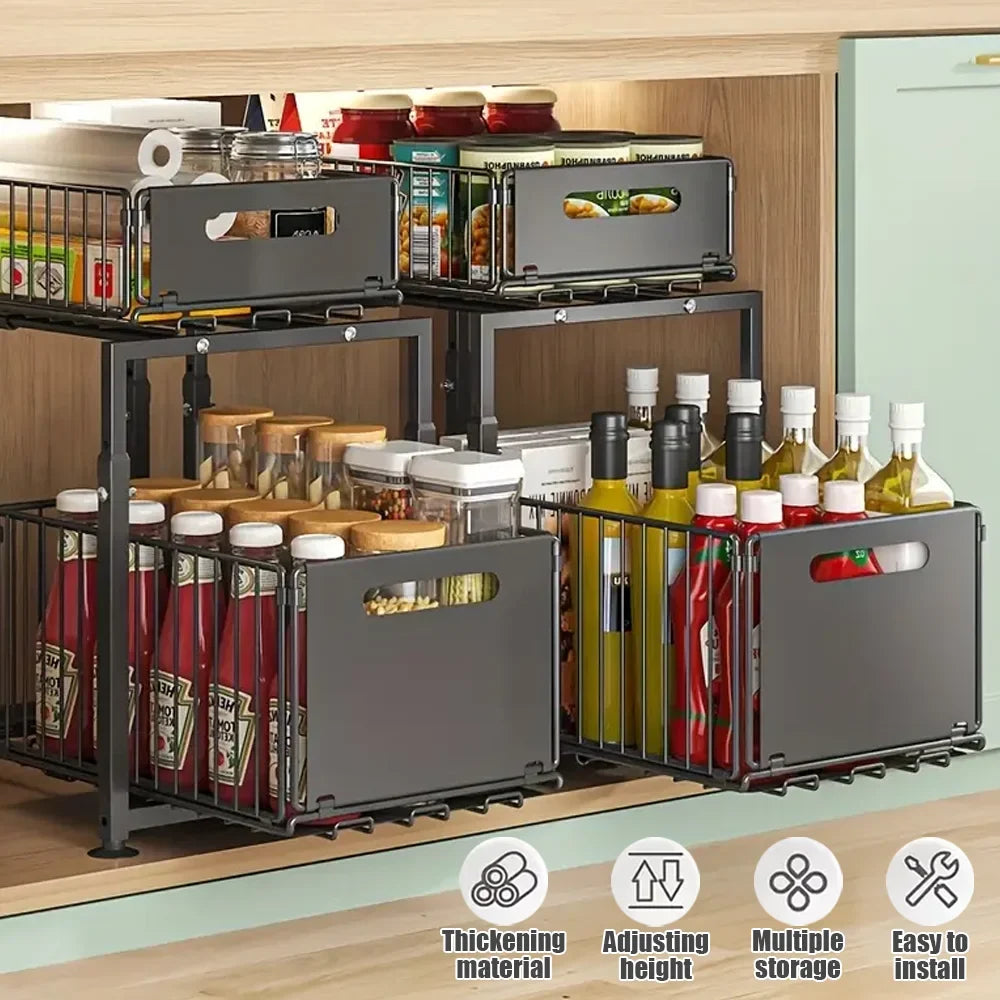 Adjustable Under Sink Storage Rack - 2 Tier Pull Out Cabinet Organiser Sliding Baskets