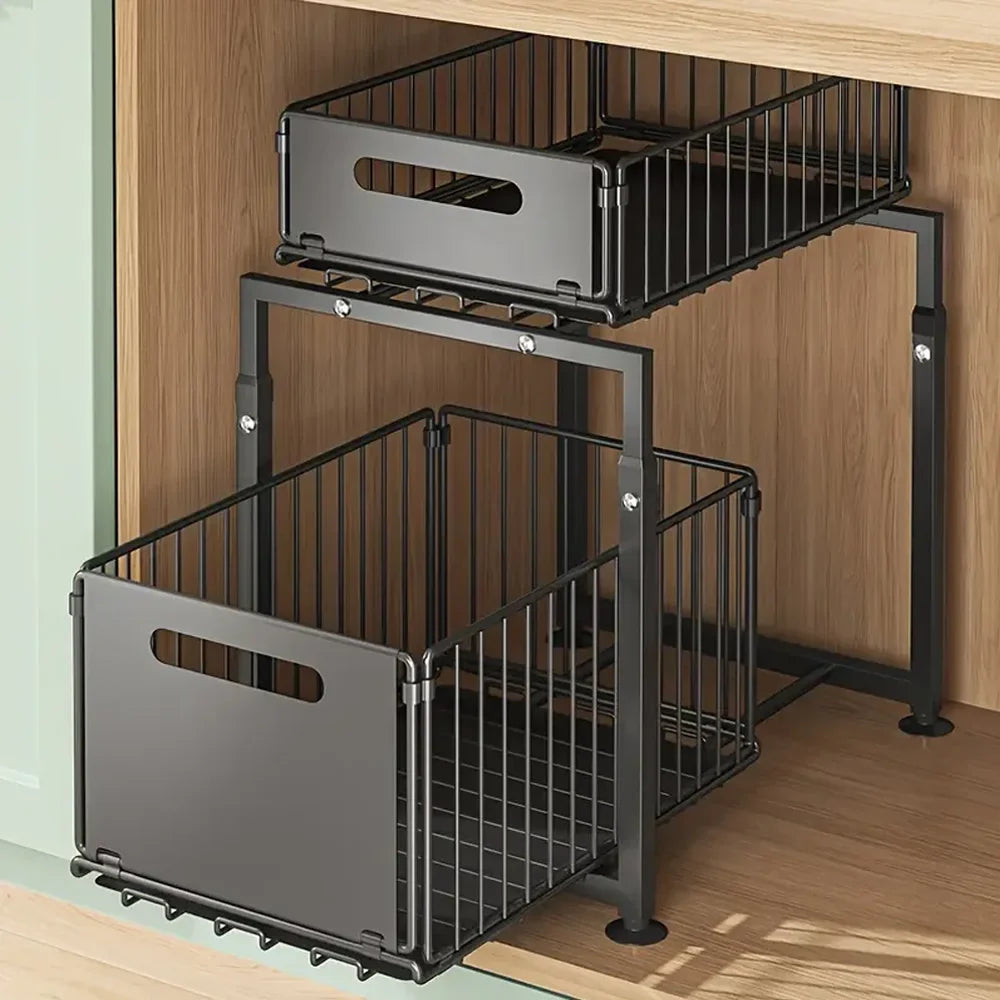Adjustable Under Sink Storage Rack - 2 Tier Pull Out Cabinet Organiser Sliding Baskets