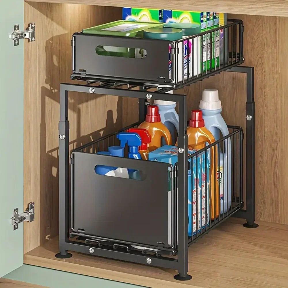 Adjustable Under Sink Storage Rack - 2 Tier Pull Out Cabinet Organiser Sliding Baskets