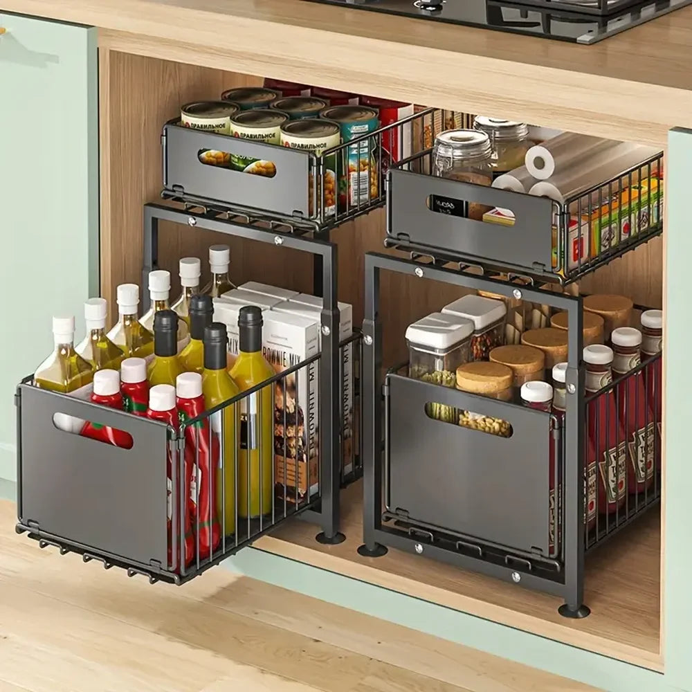 Adjustable Under Sink Storage Rack - 2 Tier Pull Out Cabinet Organiser Sliding Baskets