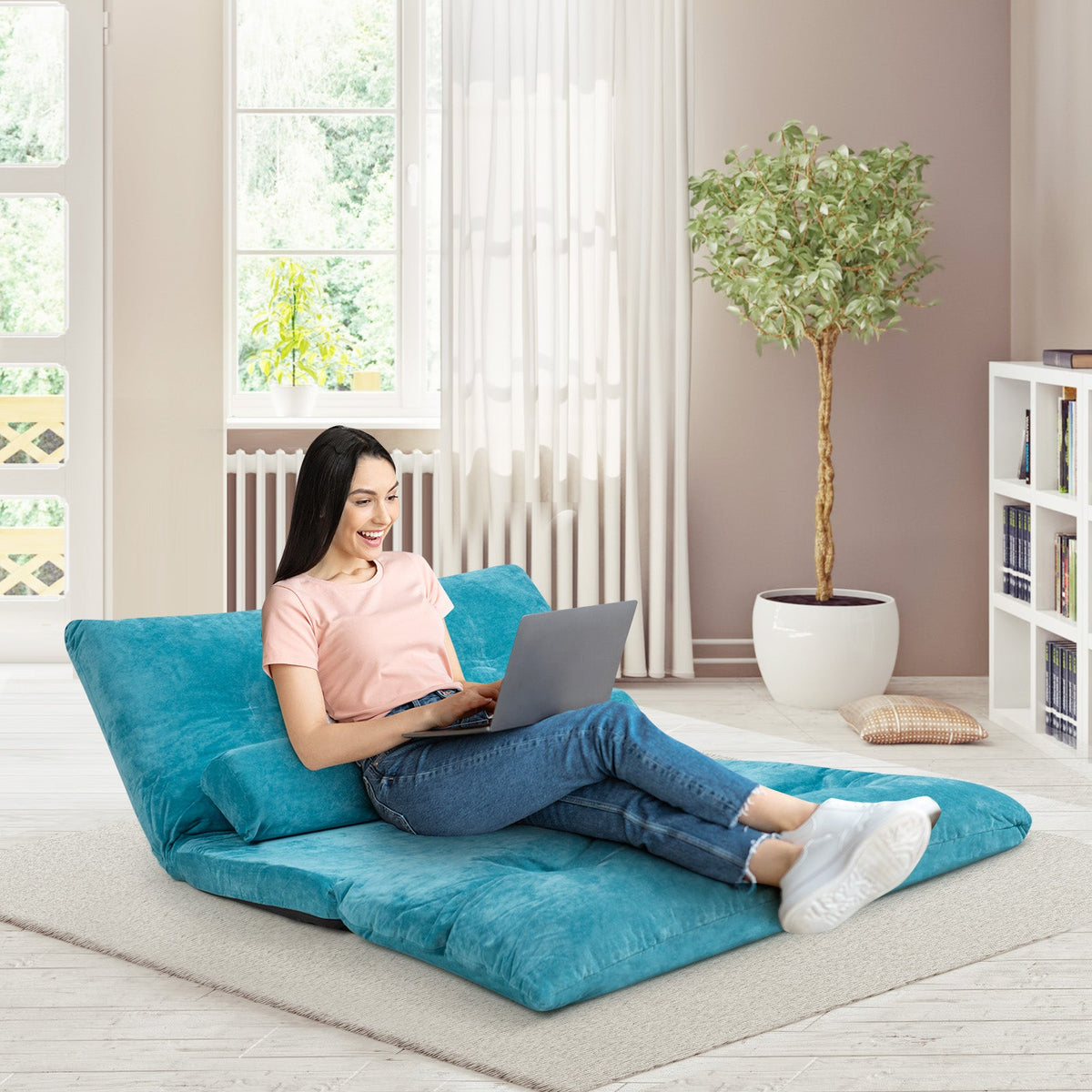 Convertible Floor Sofa Bed with 2 Waist Pillows-Beige