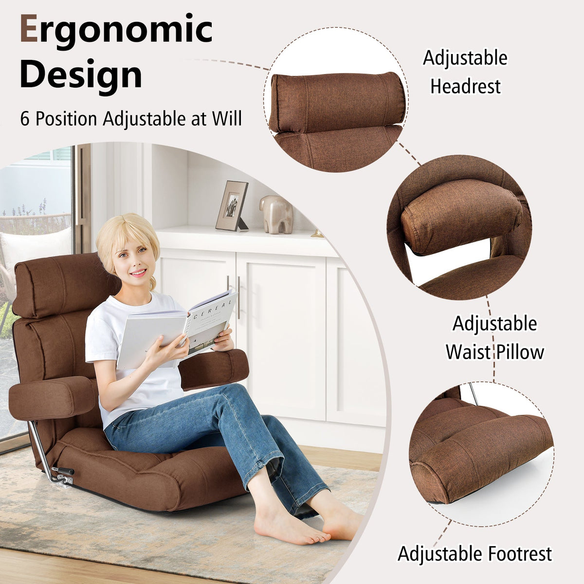 Ergonomic Sofa Lounger Chair with Stepless Adjustment Back-Blue