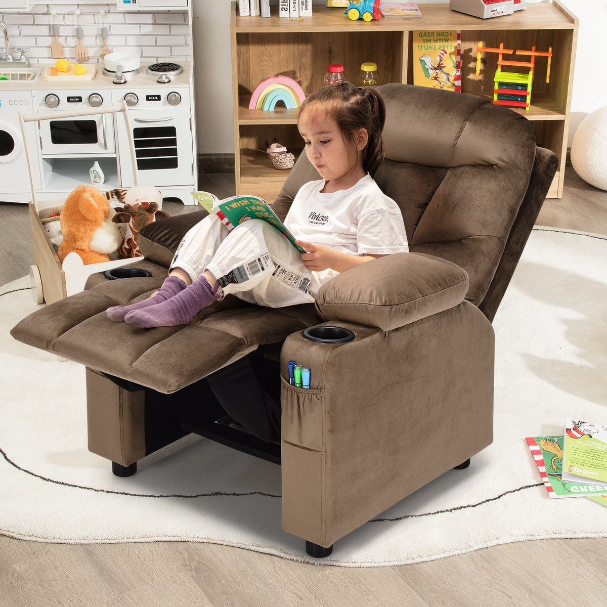 Adjustable Larger Kids Lounge Recliner Chair with 2 Cup Holders-Blue