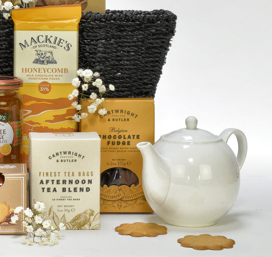 Afternoon Tea Hamper Gift Set | Traditional British Tea & Treats in Wooden Tray