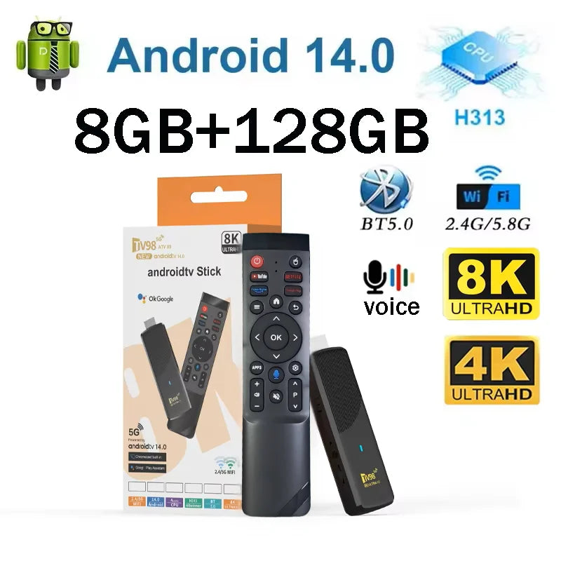 Smart TV Stick Android 14 8K WiFi 6 Bluetooth Fire 8GB RAM Streaming IP TV