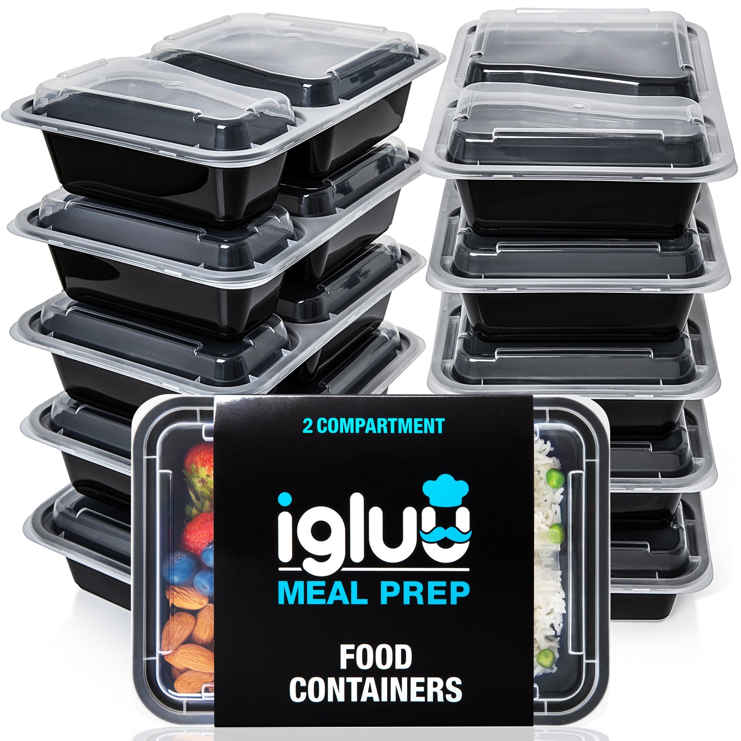 Igluu 2-Compartment Meal Prep Containers with Airtight Lids | 887ml | BPA-Free | Pack of 10