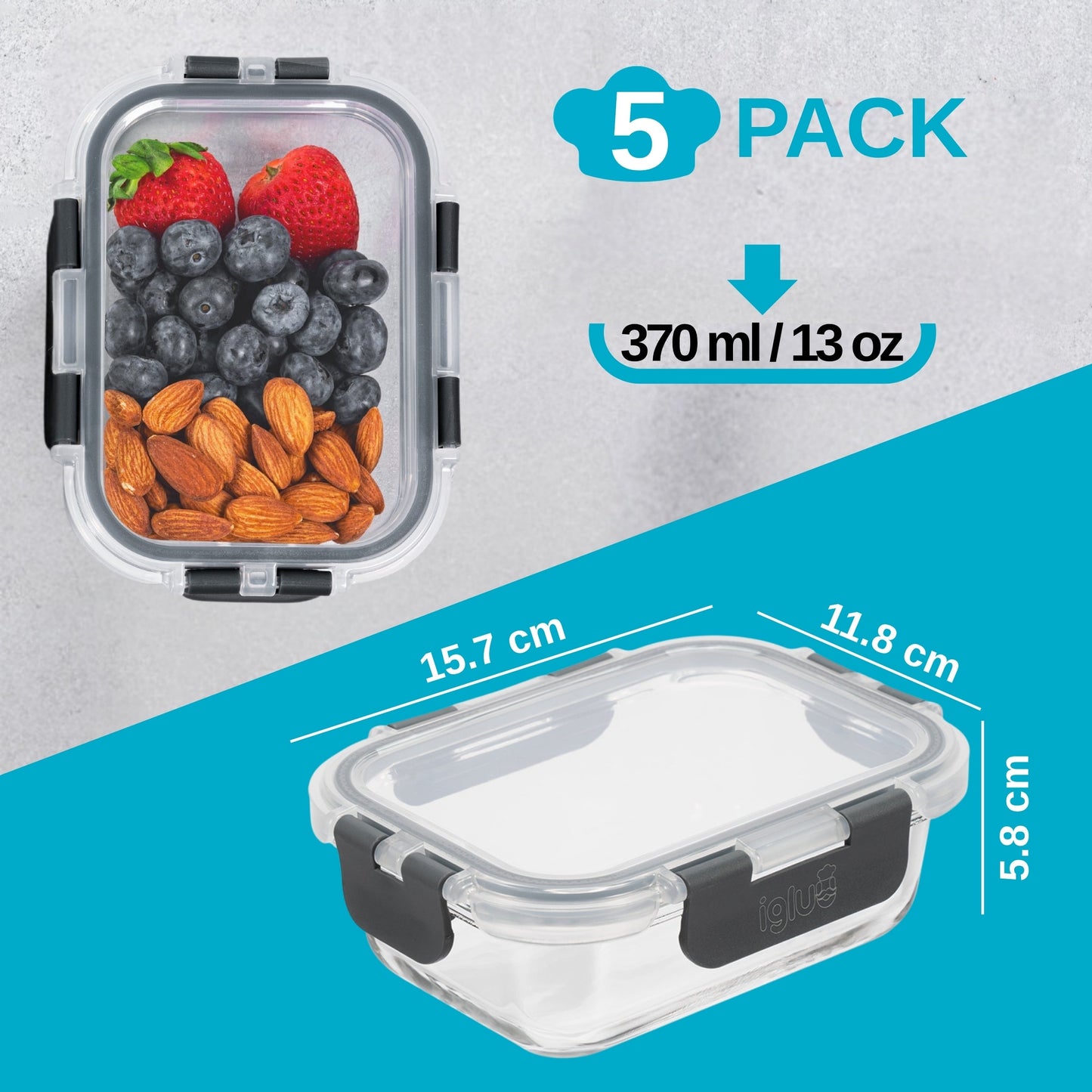 Borosilicate Glass Food Storage Containers 370ml | 5-Pack with Airtight Lids