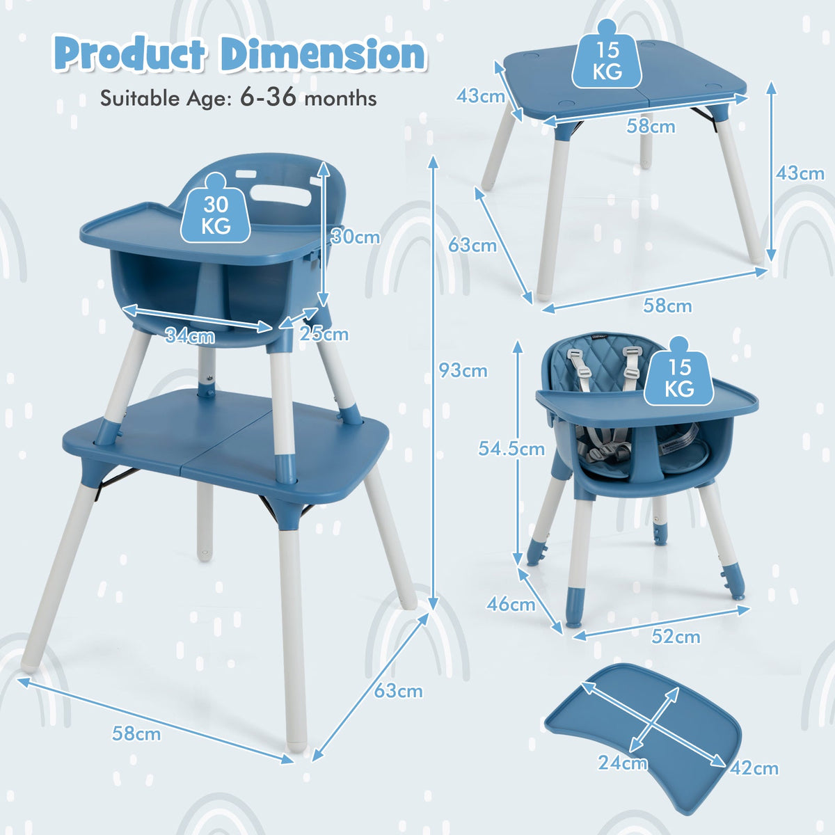 convertible Baby High Chair with 2-Position Removable Tray-Beige