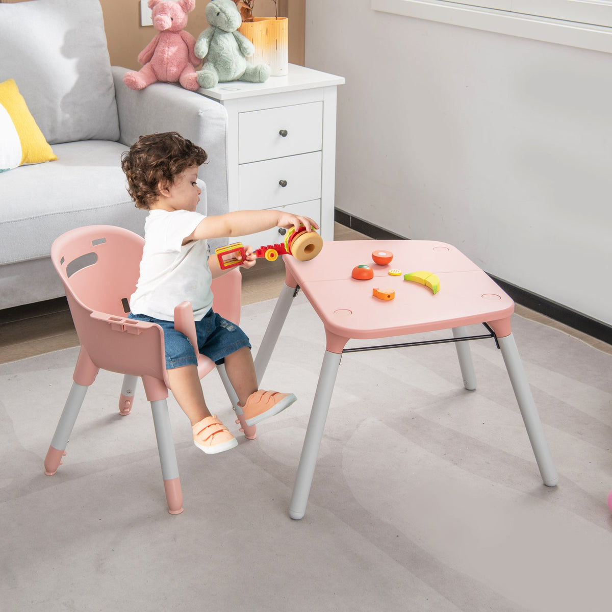 convertible Baby High Chair with 2-Position Removable Tray-Beige