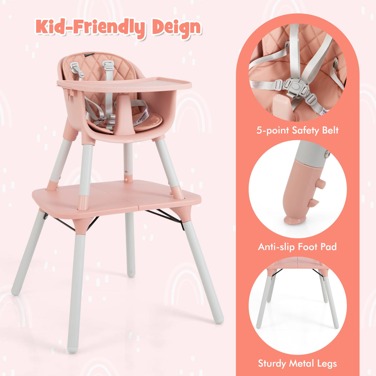 convertible Baby High Chair with 2-Position Removable Tray-Beige