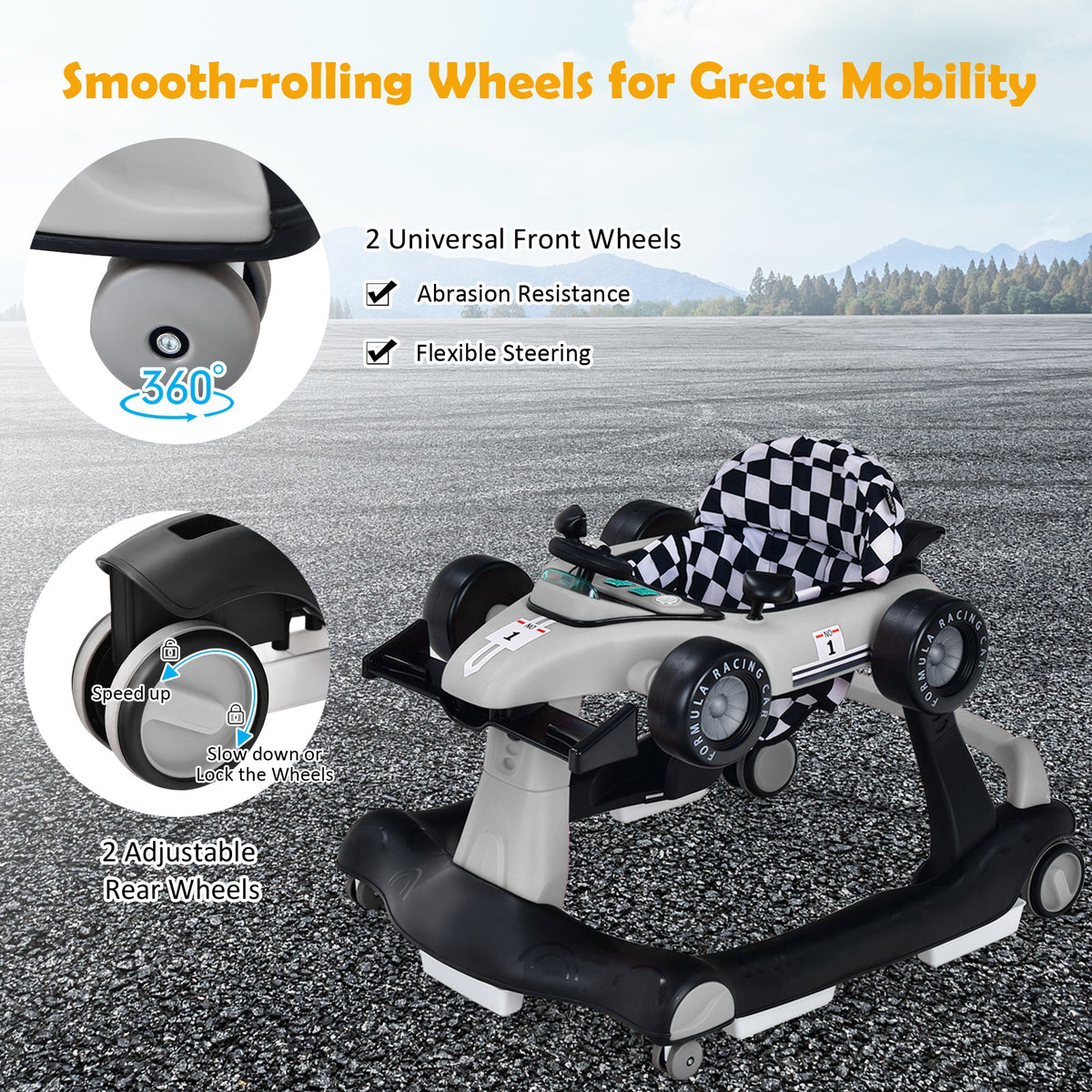 4-in-1 Baby Push Walker with Adjustable Height and Speed-Black