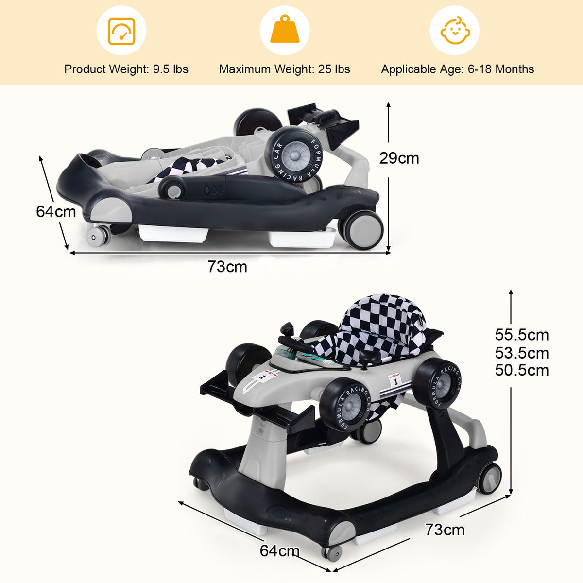 4-in-1 Baby Push Walker with Adjustable Height and Speed-Black
