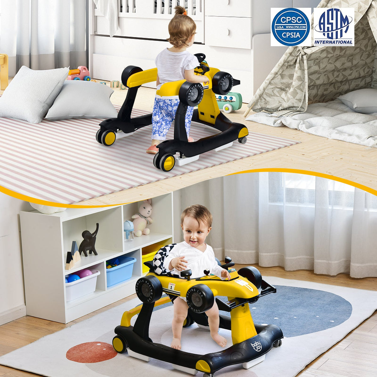 4-in-1 Baby Push Walker with Adjustable Height and Speed-Black