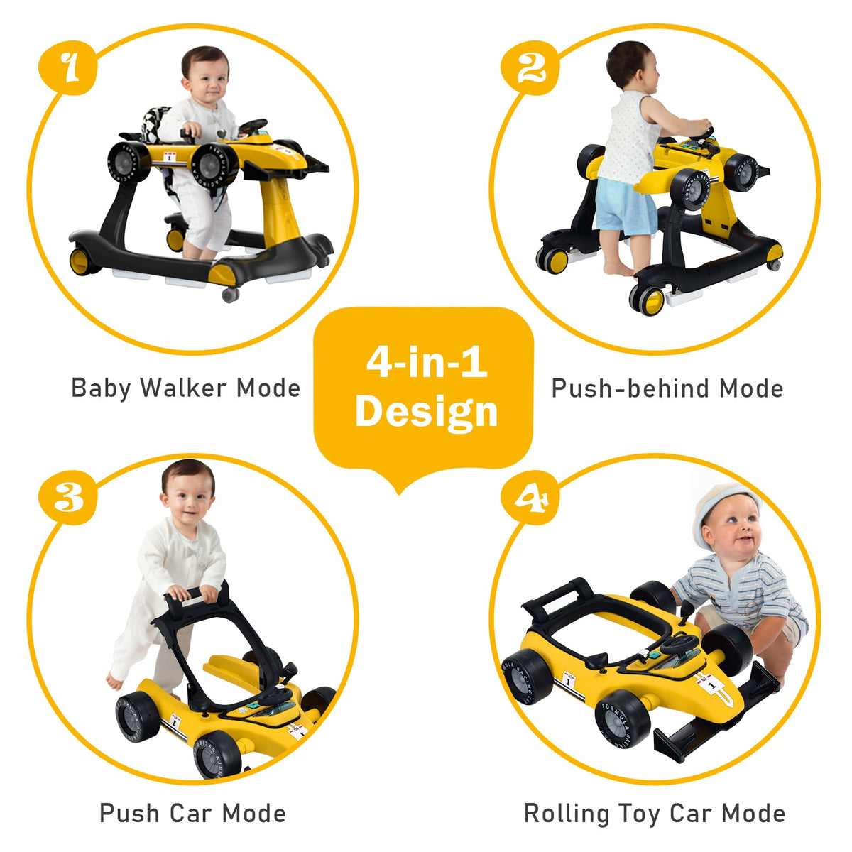 4-in-1 Baby Push Walker with Adjustable Height and Speed-Black