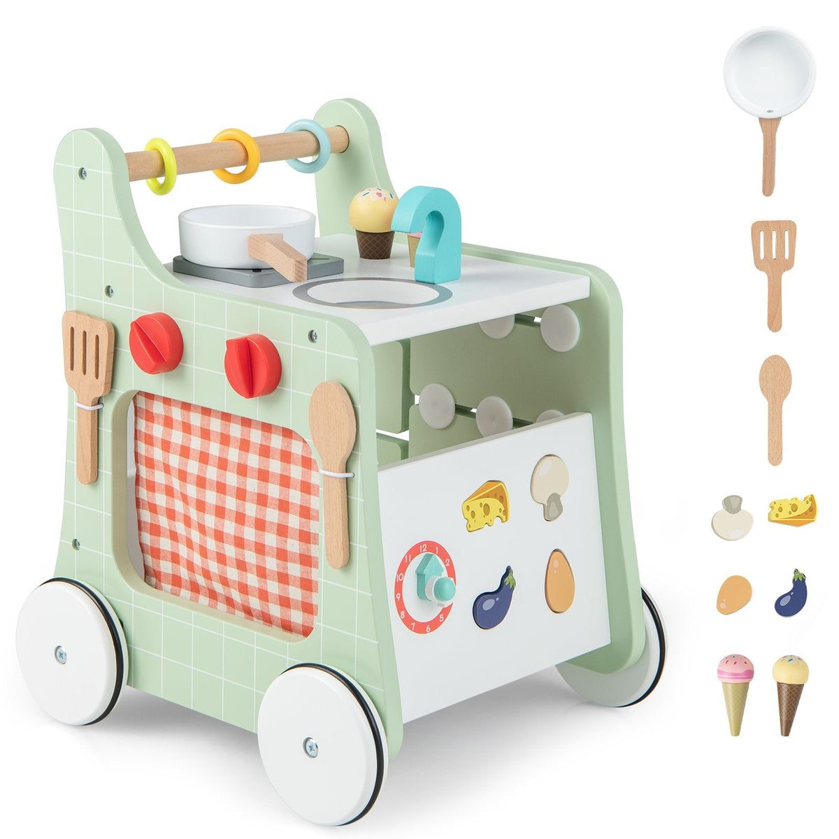 6-in-1 Wooden Baby Stroller Push and Pull Learning Activity Center-Blue