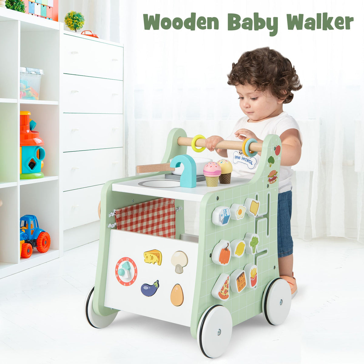 6-in-1 Wooden Baby Stroller Push and Pull Learning Activity Center-Blue