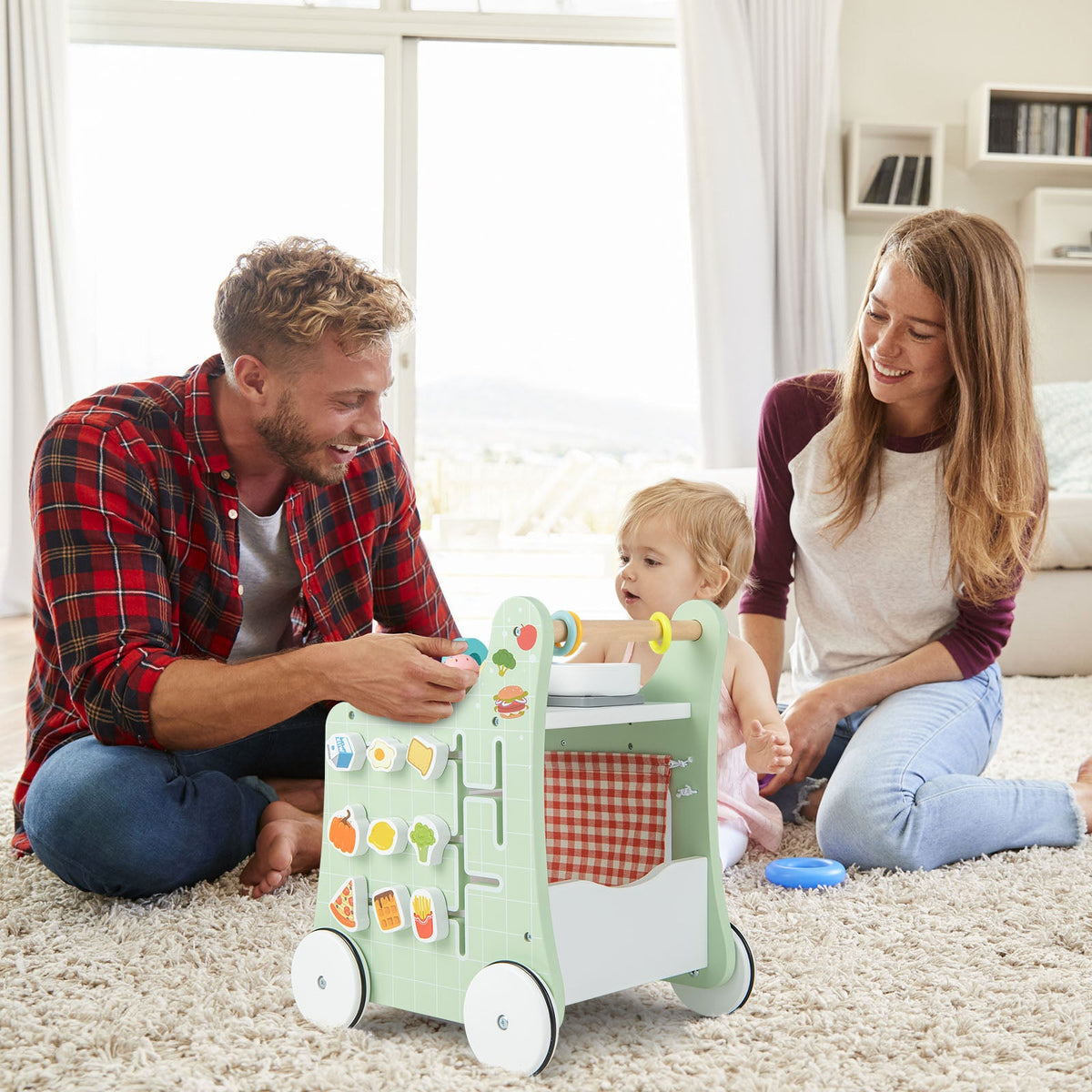 6-in-1 Wooden Baby Stroller Push and Pull Learning Activity Center-Blue