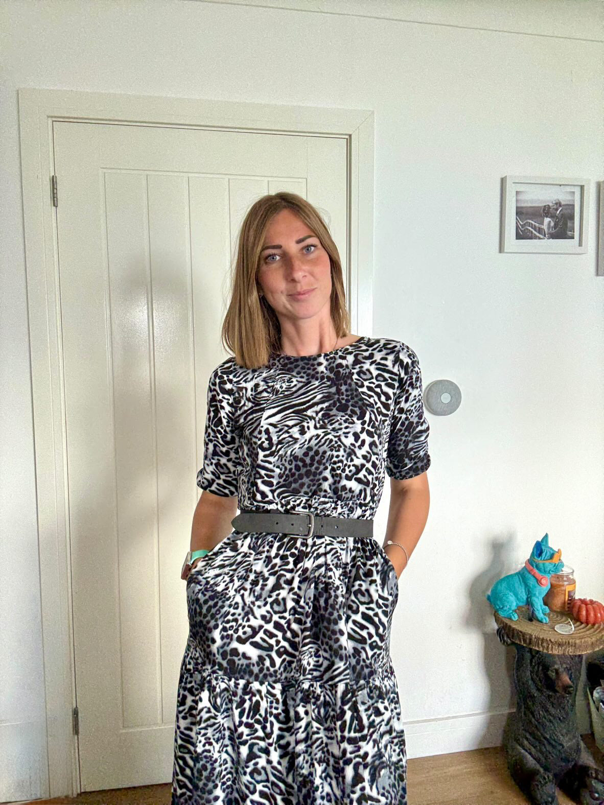 Grey Leopard Cotton Breastfeeding Midi Dress - Discreet Nursing Access | MilkyMoon