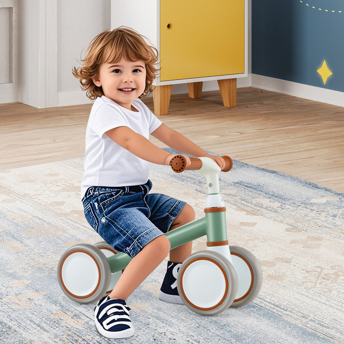 Baby Balance Bike with Height Adjustable Handle and Seat-Green