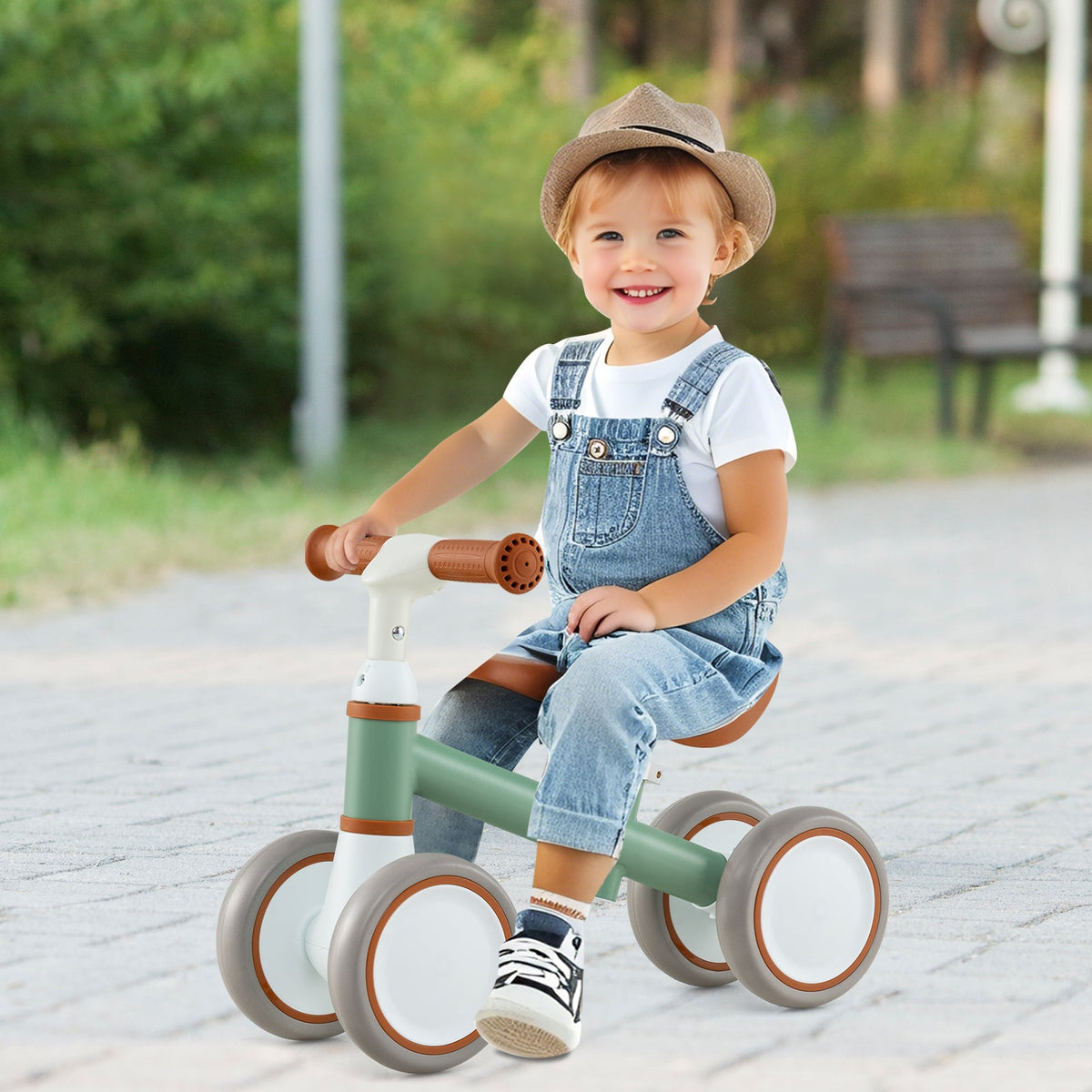 Baby Balance Bike with Height Adjustable Handle and Seat-Green