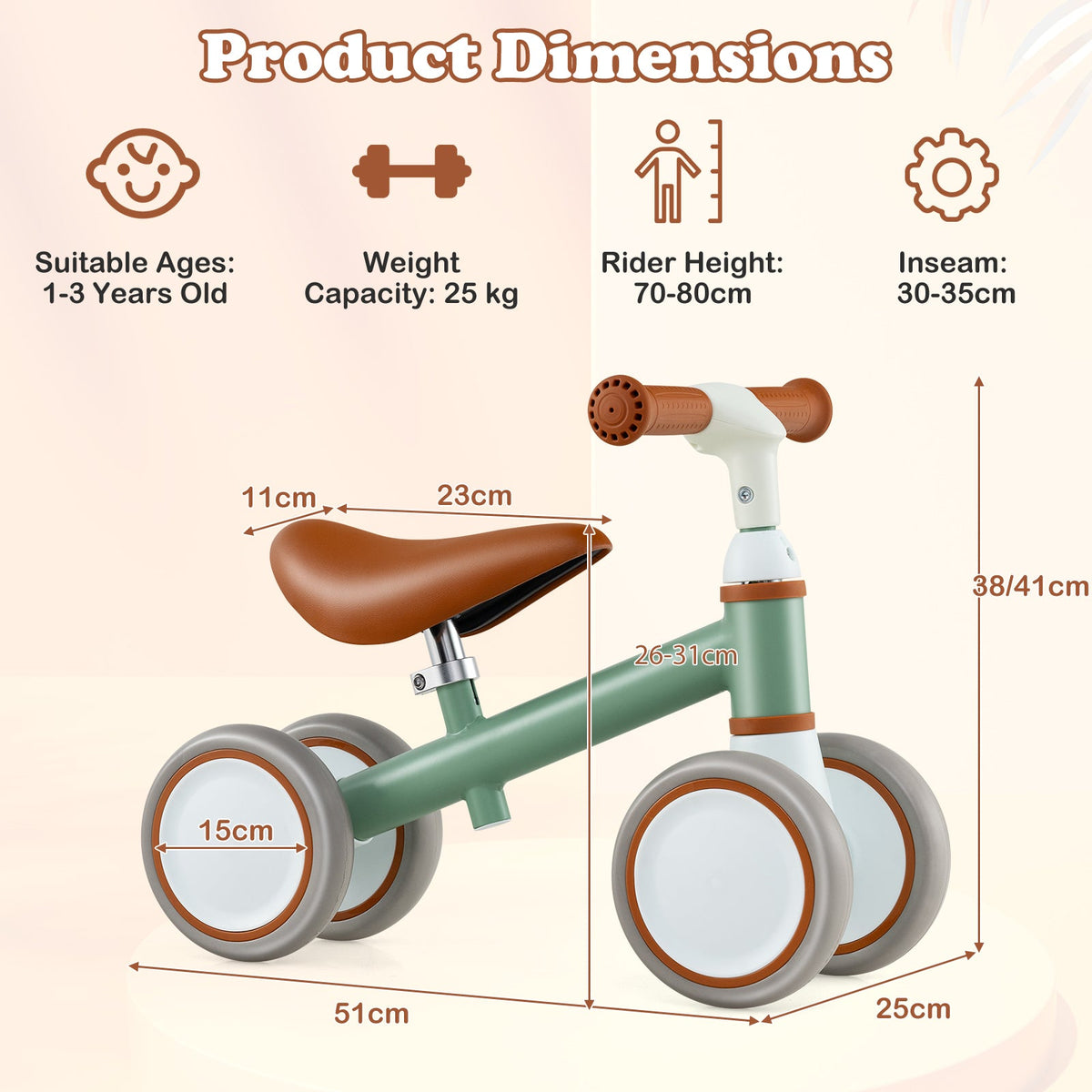 Baby Balance Bike with Height Adjustable Handle and Seat-Green
