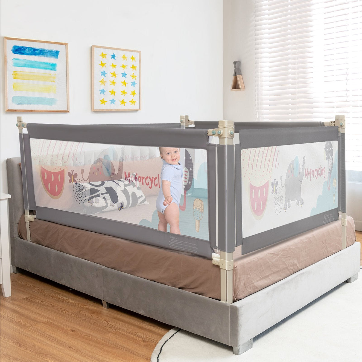 175CM Baby Bed Rail Guard with Double Safety Lock and Adjustable Height-Dark Grey