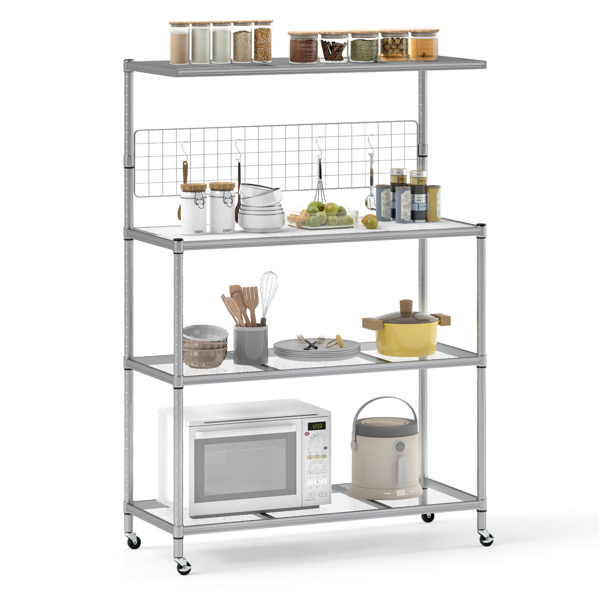 Bakers Rack on Wheels with Adjustable Shelves and Shelf Liner-Silver