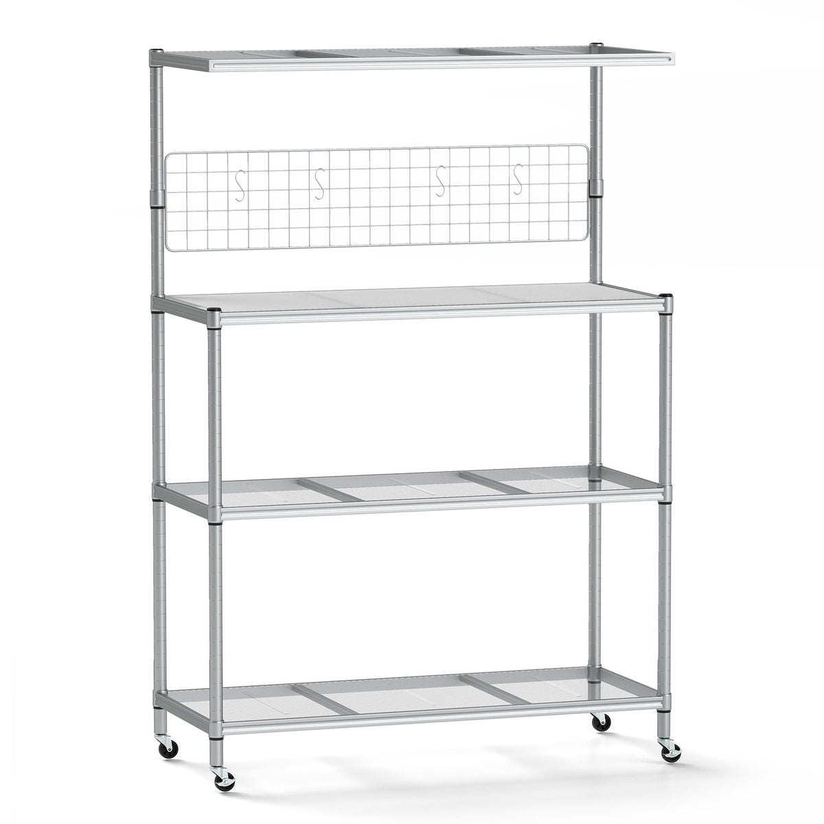 Bakers Rack on Wheels with Adjustable Shelves and Shelf Liner-Silver