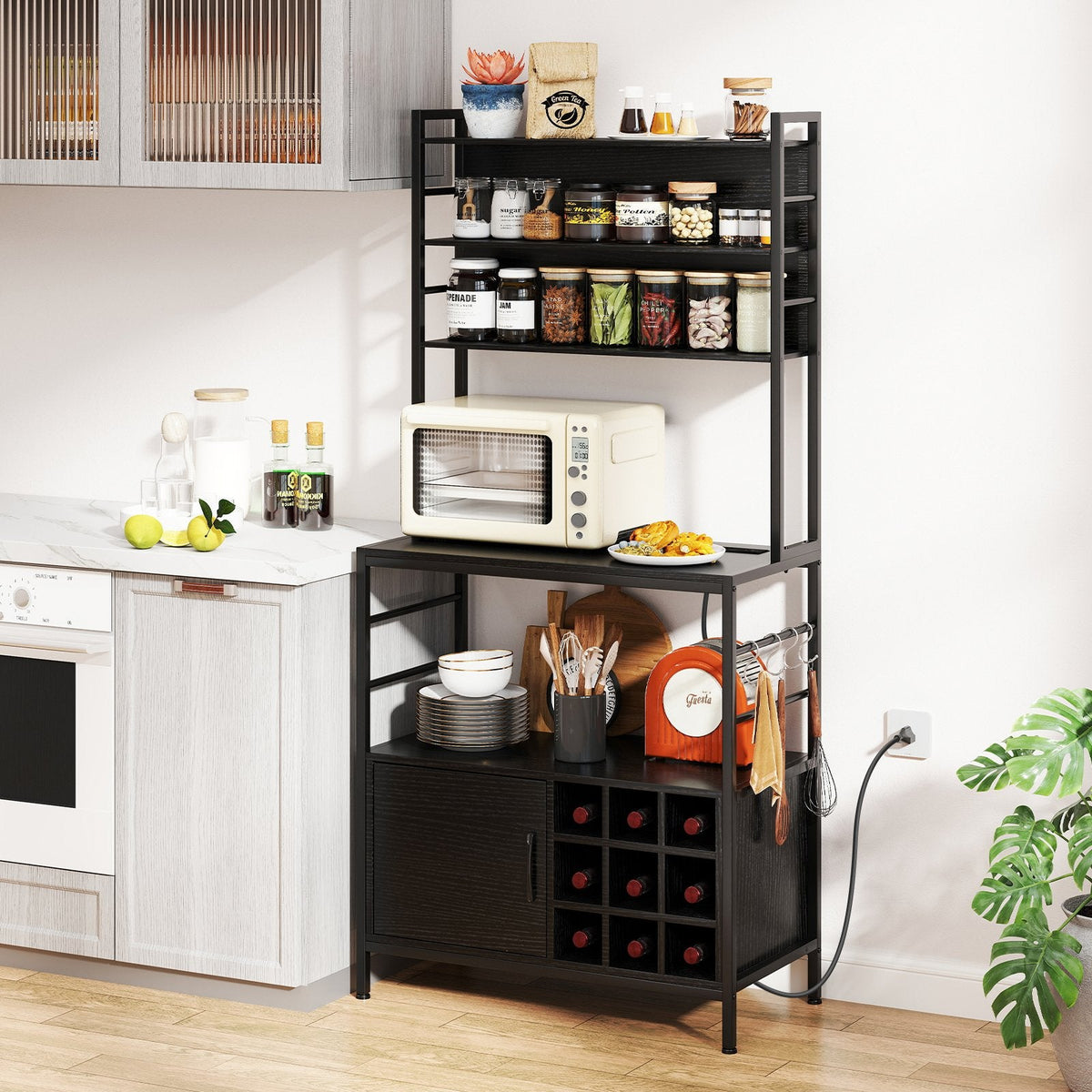 Bakers Rack with Power Outlet and Heavy-Duty Metal Frame-Black