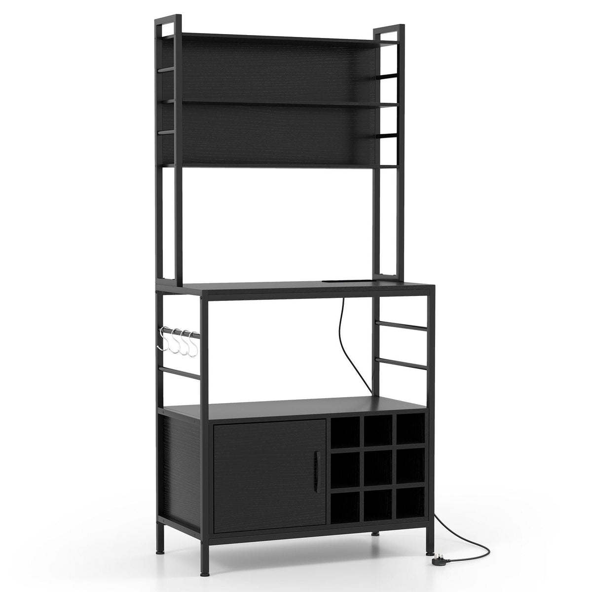 Bakers Rack with Power Outlet and Heavy-Duty Metal Frame-Black