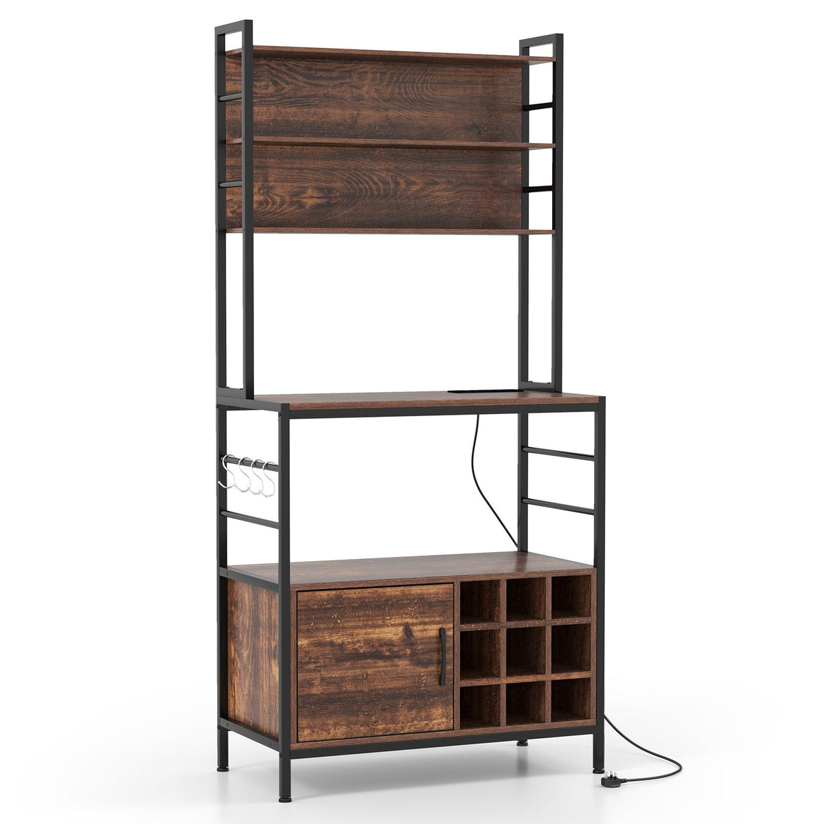 Bakers Rack with Power Outlet and Heavy-Duty Metal Frame-Black