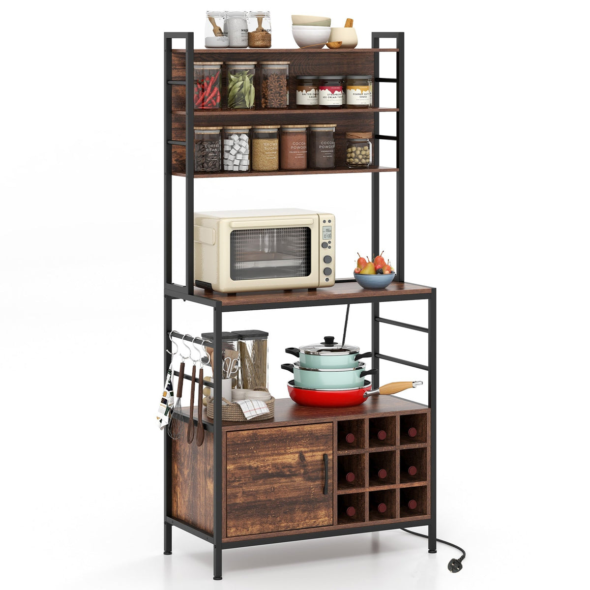 Bakers Rack with Power Outlet and Heavy-Duty Metal Frame-Black