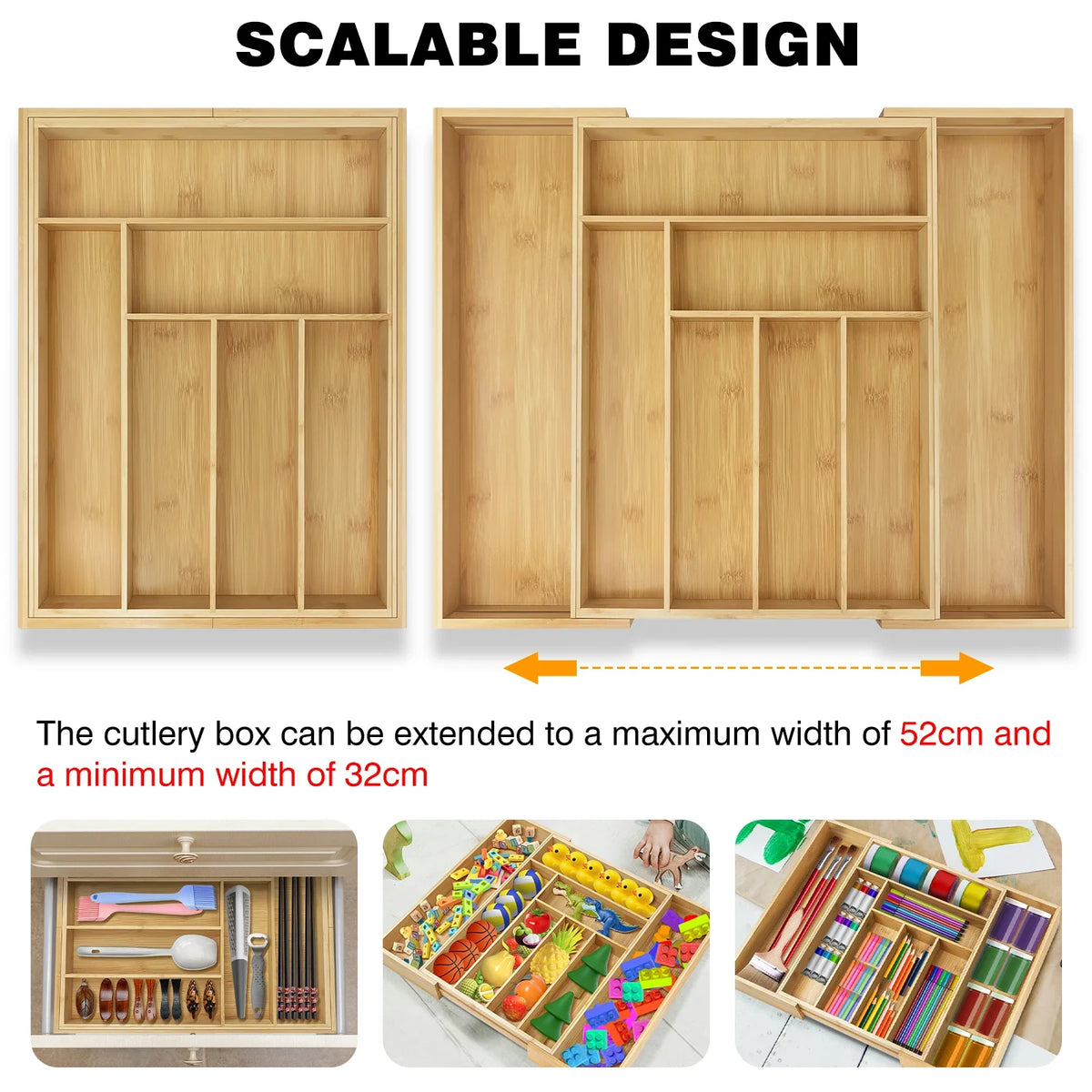 Wooden Bamboo Cutlery Tray Drawer - Large Expandable 6–8 Compartments Adjustable